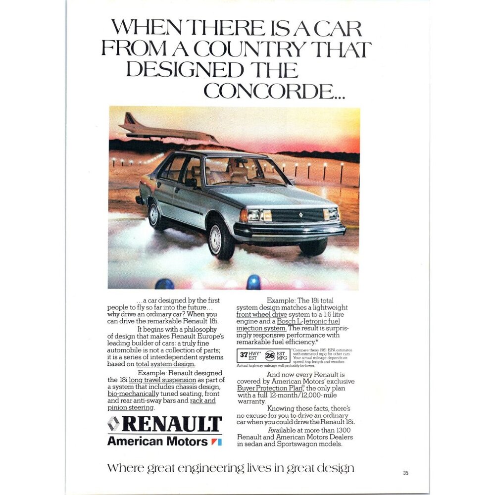1981 Renault 18i Sedan Air France Concorde Runway Vintage Print Ad 80s Wall Art
